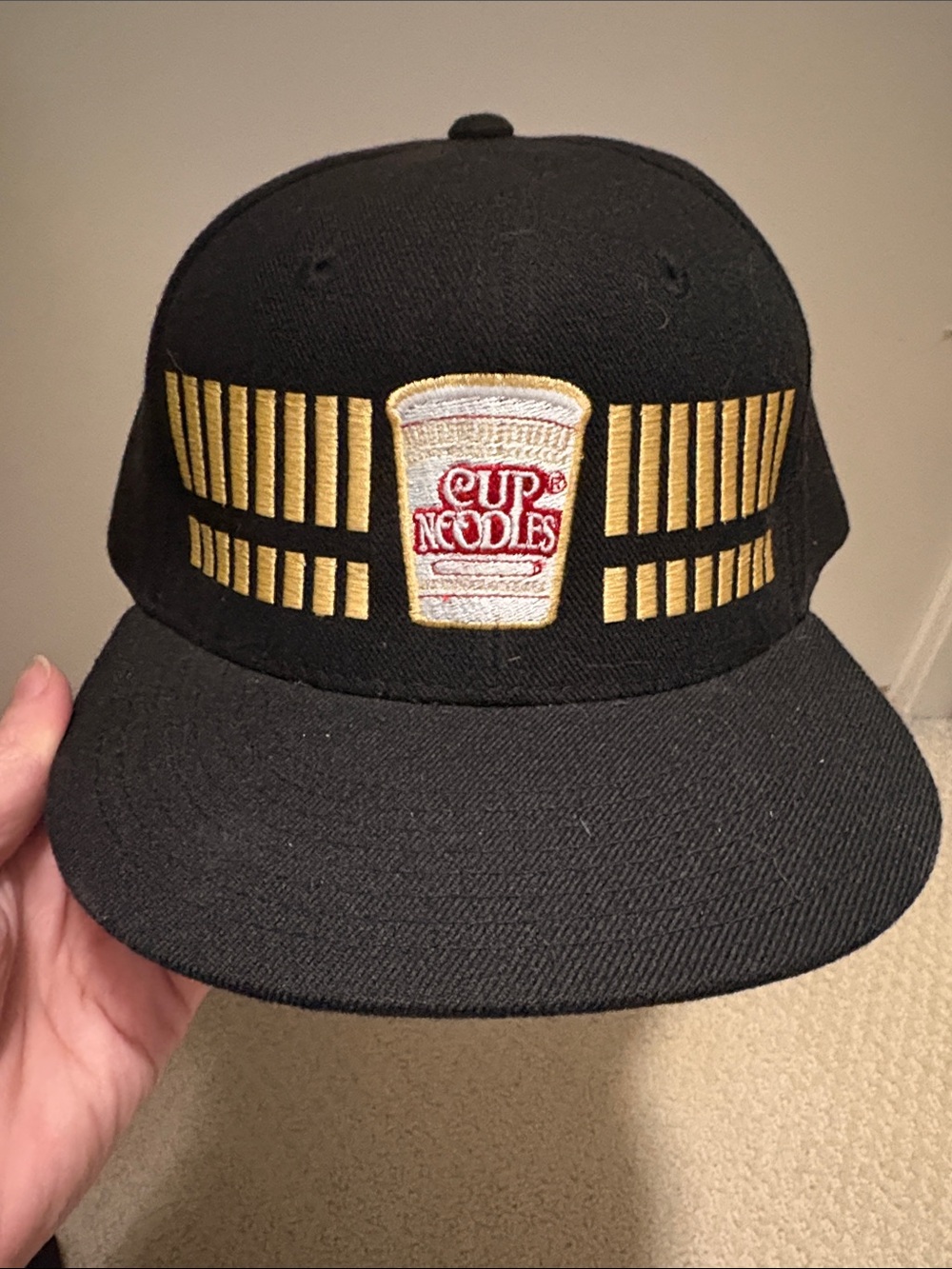 Nissin Cup Noodle Black Snapback Hat with Gold and Red Cup Patch